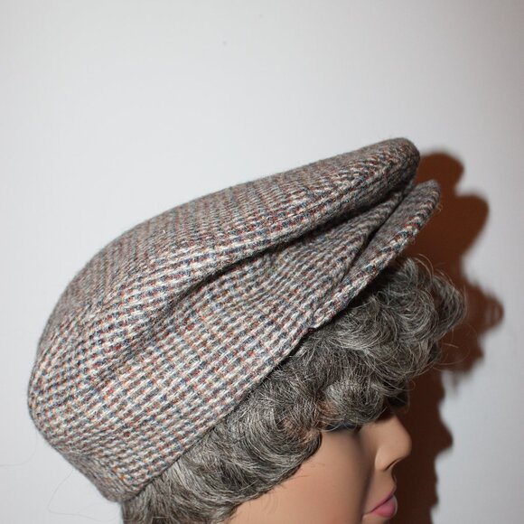 Vintage Harris Tweed Hand Woven 100% Wool Classic Houndstooth Plaid Newsboy Hat - Picture 2 of 7